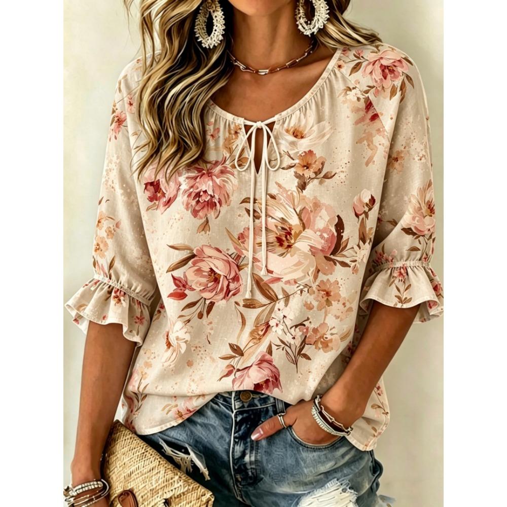 Women's Watercolor Blue Floral Print Tie Front Blouse, Casual Loose Top for Spring Summer Daily