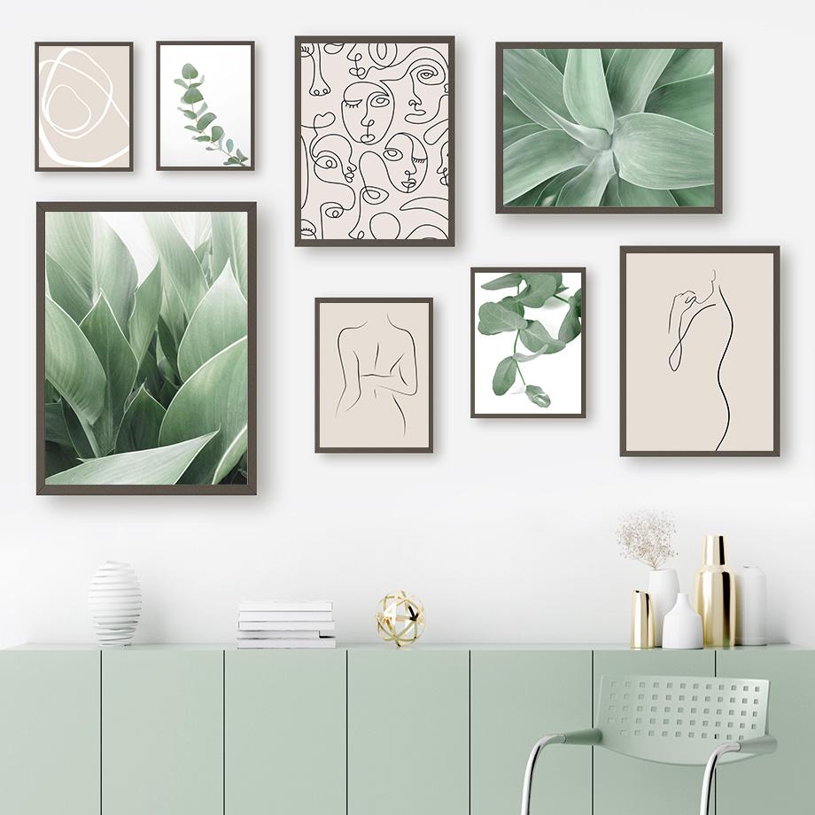 Green Leaf Abstrakte Mädchen Körper Gesicht Linien Nordic Poster Und Drucke Leinwand Malerei Wand Kunst Bilder Für Wohnzimmer Wohnkultur