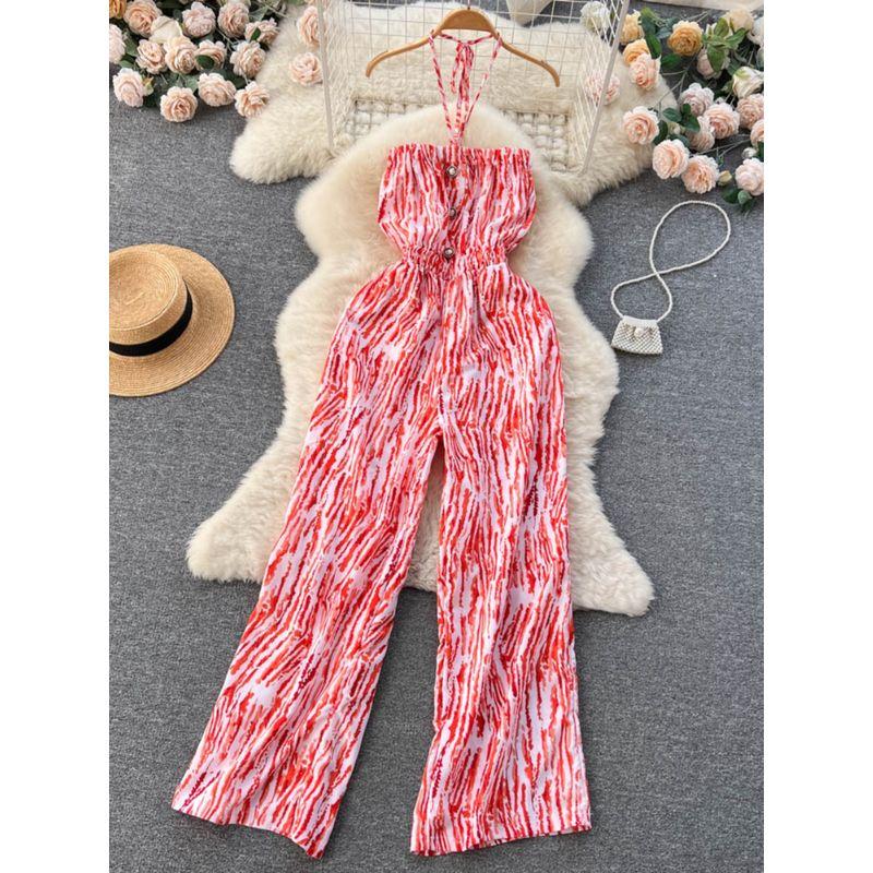 Spring and Summer New Holiday Travel Hot Street Tie-Dye Sling Fashion Chiffon Drape Halter Wide Leg One-Piece Long Pants