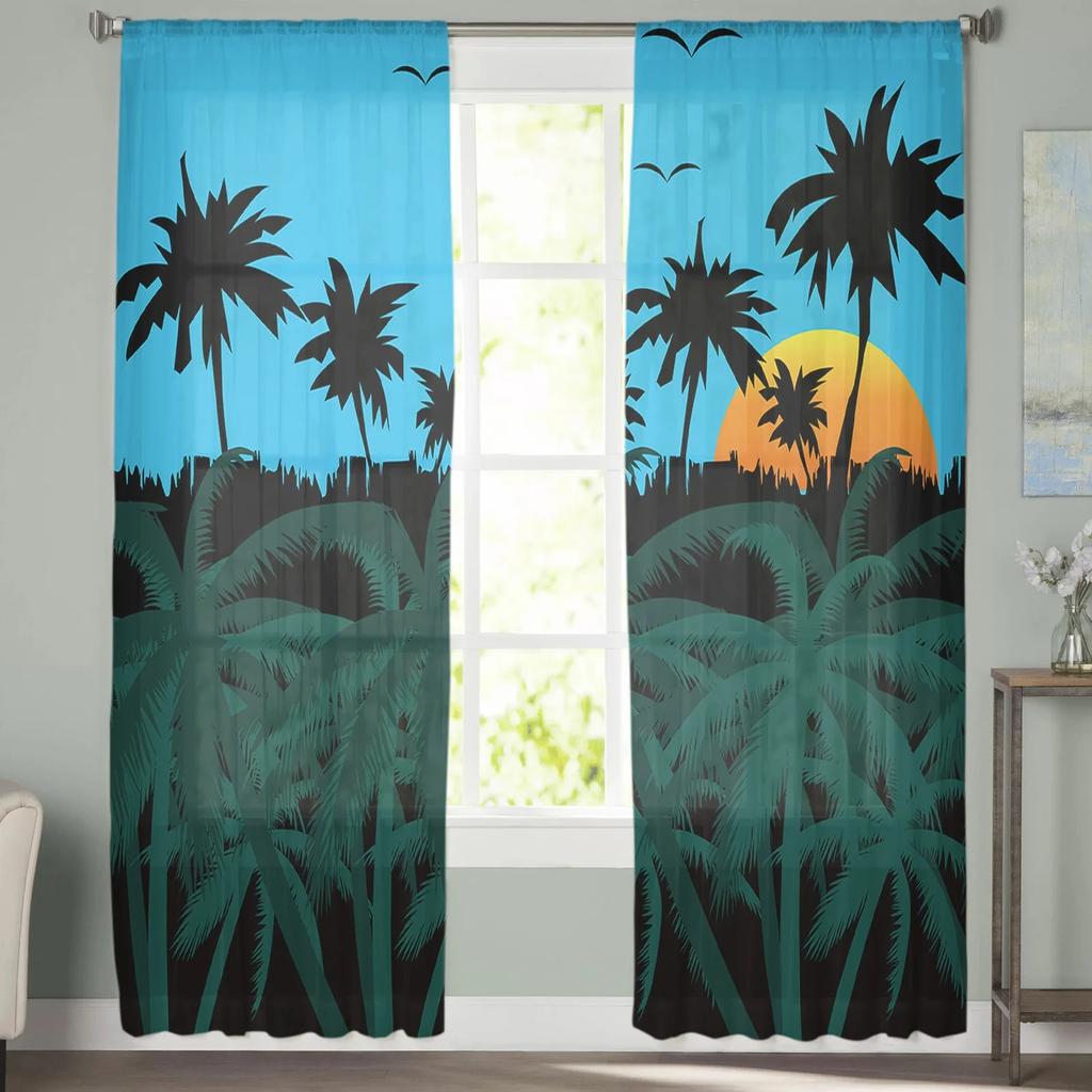 Coconut Tree Sunset Seagull Sheer Curtains For Living Room Bedroom Kids Room Tulle Window Treatment Drapes
