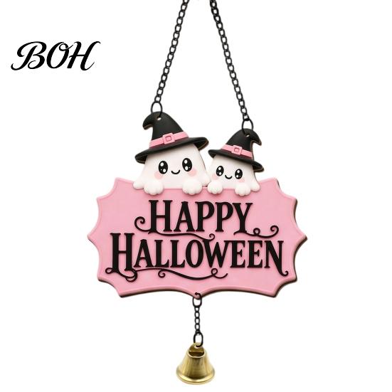 Cute Ghost Wall Decor Halloween Witch Hat Door Sign, Wooden Hanging Decoration, Rustic Farmhouse Sign Doorbell Pendants for Indoor Outdoor Home