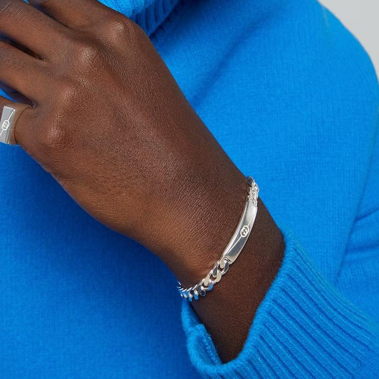 Gucci GG Supreme Horsebit Kette Twill Ineinandergreifende Doppel-G Gravierte Schließe Glänzendes 925 Silber Armband Unisex-Armband 774054-J8400-8106