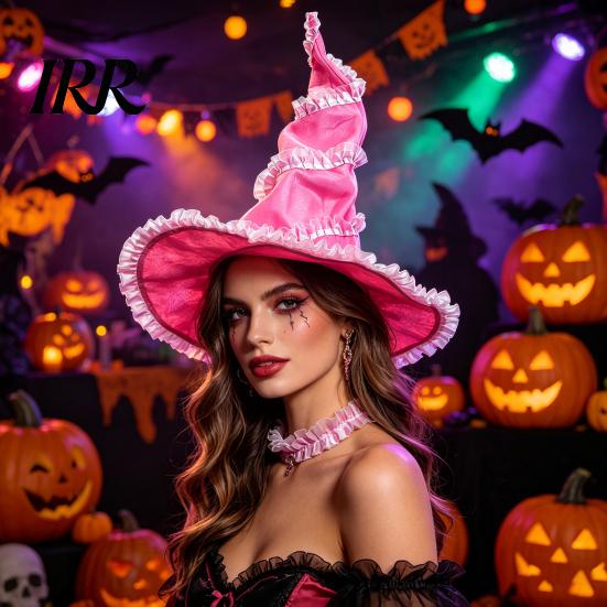 Non-itchy Halloween Hat Women's Large Ruched Witch Hat, Felt Wizard with Elegant Dark Ruffle/Flowers/Mesh, Adults Cosplay Costume for