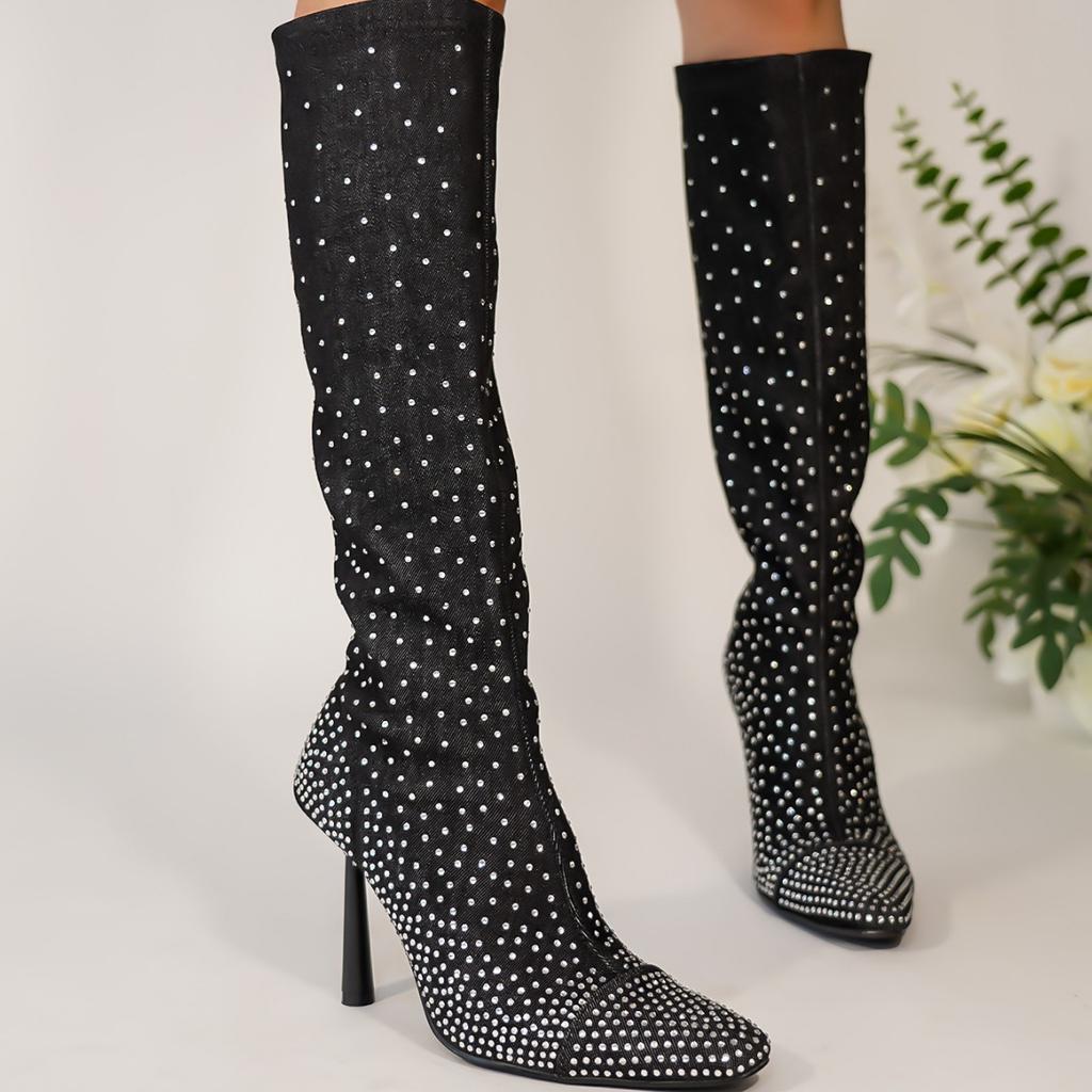 Women's Boots Thin Heel High Heel Fashion Boots Rhinestone Skinny Boots Pointed Denim Versatile High Boots Children