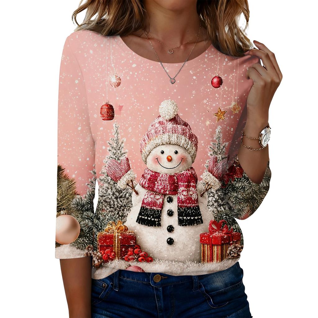 Women's Casual Christmas Print Three-Quarter Sleeve Neck Top