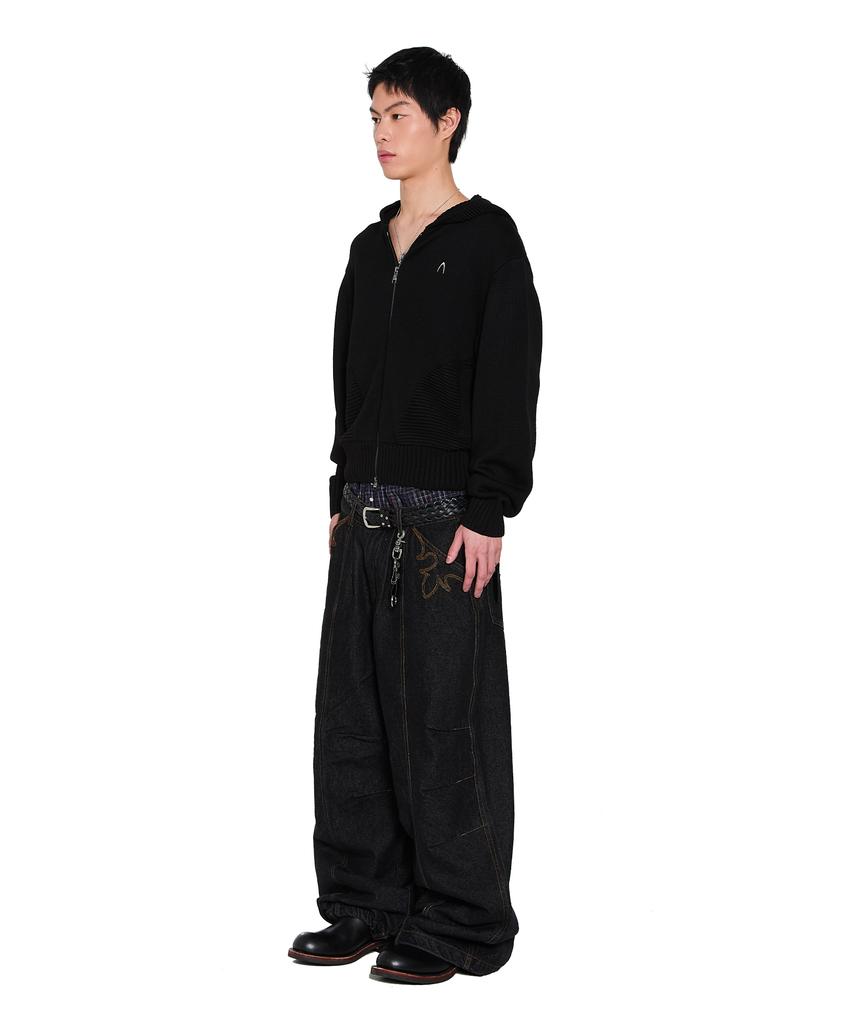 Aakam Structure Contrast Knitted Zip-Up Hoodie (Black)