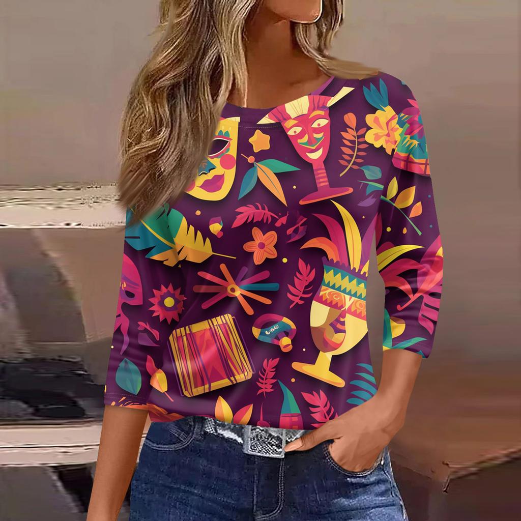 3/4 Length Sleeve Womens Tops Floral Print Vintage Fashion Casual Loose With Round Neck Plus Size Shirts