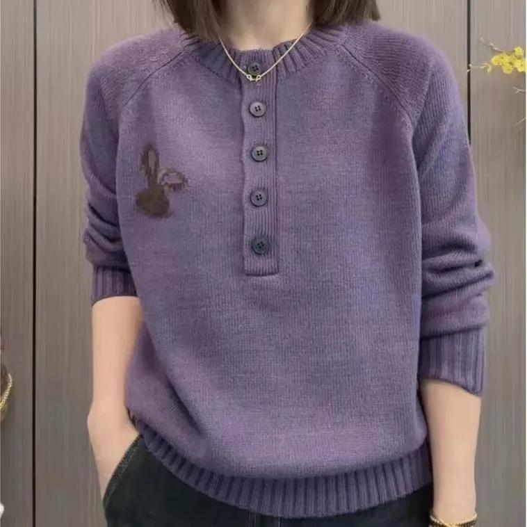 

Women s Autumn Button-Up Pullover Sweater Simple Commuter Base Layer Loose-Fit Belly-Covering Jacquard Top 3XL фіолетовий