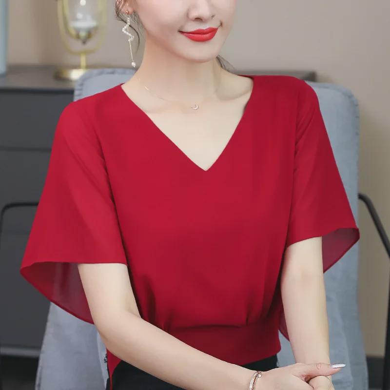 2023 Summer Women's Batwing Sleeve Chiffon Shirt - Short Sleeve Fashion Slim Fit Top