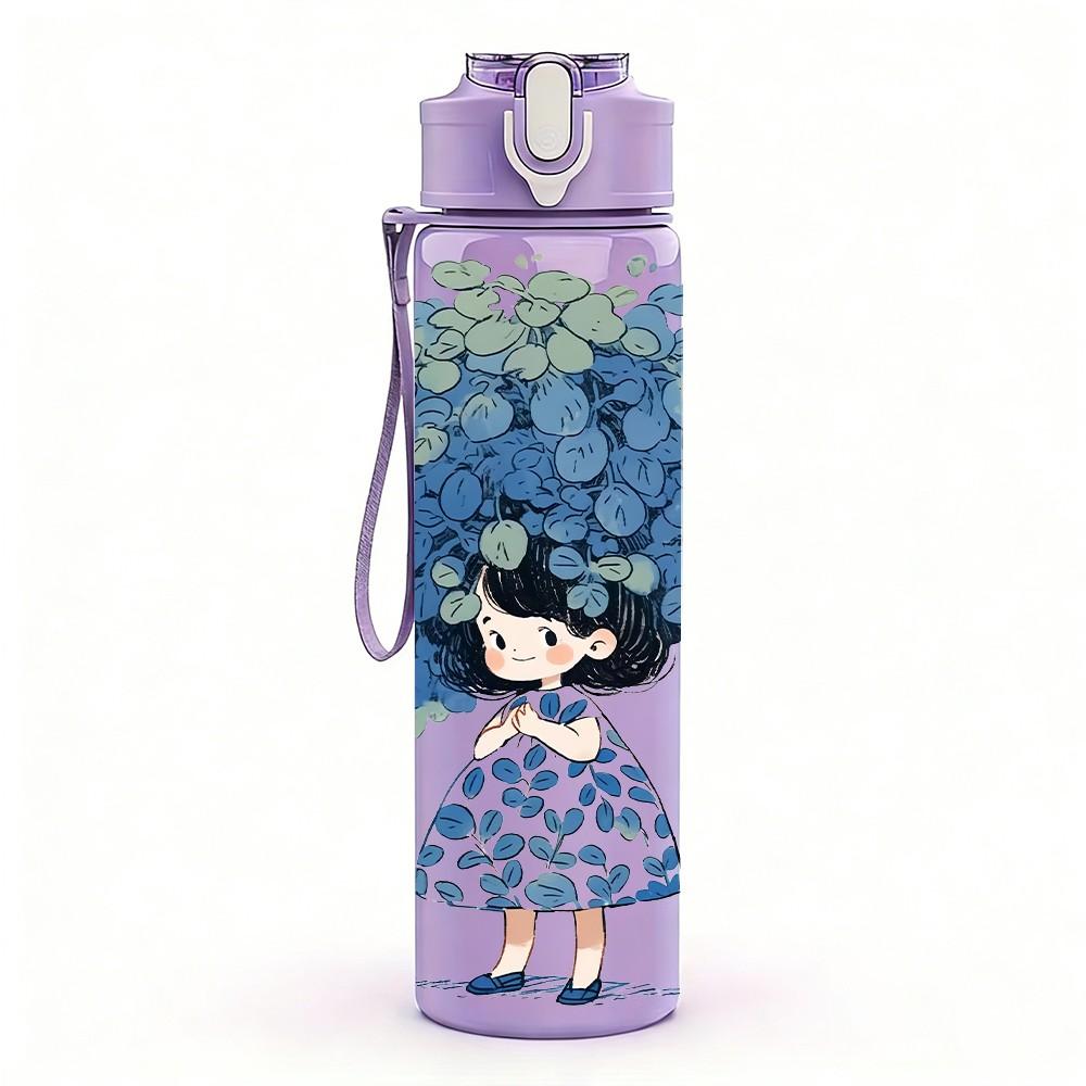 1PC Girl Big Blue Flower Hair Print 750ml Color Plastic Sports Water Bottle Leakproof Flip Straw Lid Suitable for Sports Office Home Use