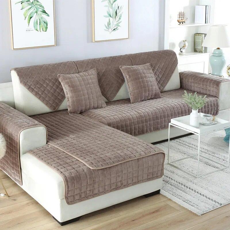 Velvet Sofa Cover Universal Plaid Plush Non-Slip Thickened Living Room Sofa Cover Warm Flannel Sofa Cushion Armrest Back Towel