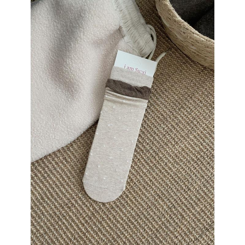 Autumn and Winter Personalized Retro Style Socks, Women's Bubble Lace, Flocked Polka Dot Pile Socks, Pure Cotton Boneless Mid-calf Socks