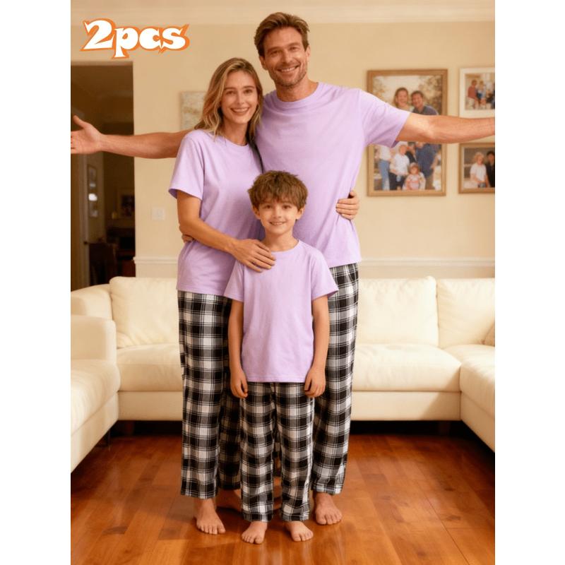 2026 New Year Family Coordinating Leisure Set, Breathable Short Sleeve Tops & Trendy Plaid Long Pants
