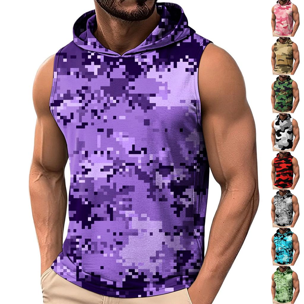 Men's Casual Fashion Printed Sleeveless Hooded Tops | Lightweight Summer Hooded Tank Tops