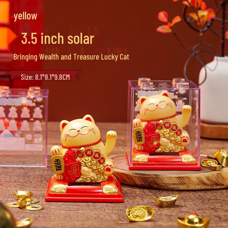 335 New Small Solar Waving Lucky Cat Ornament for Cake, Home, or Car Decoration