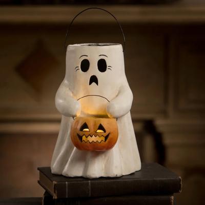 Ghost Bucket Candy Holder Lighted Halloween Treat Bucket Ghost Holding Light-up Pumpkin Lantern