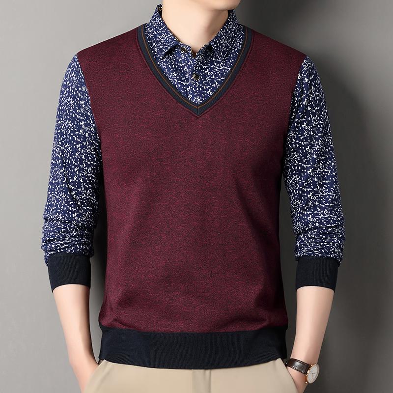 

2024 Мужской флисовый свитер осень-зима пуловер рубашка поло воротник поддельный двухкомпонентный толстый теплый топ одежда повседневный трикотаж 3XL вино красного