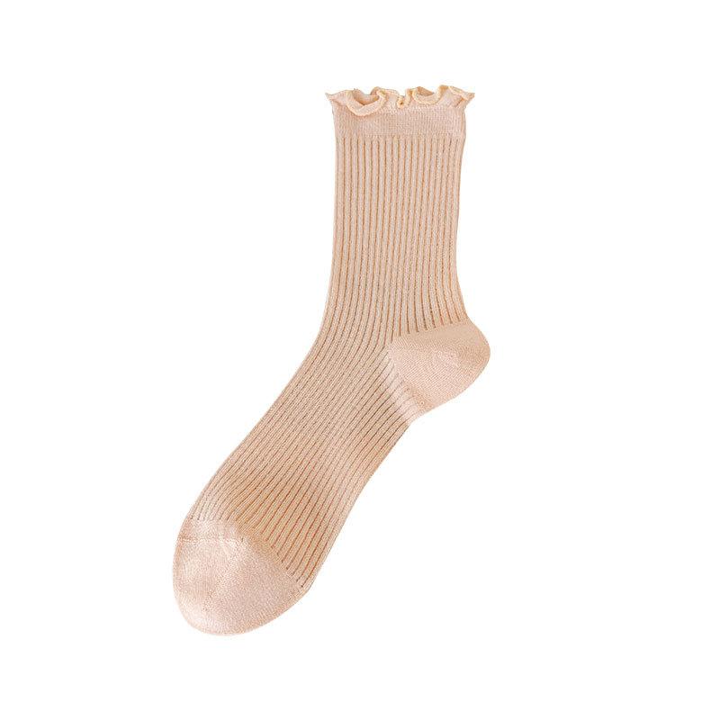 Ladies Summer Thin Wooden Ear Side Lovely Lace Vertical Bar Mesh Breathable Mid Tube Stack Socks