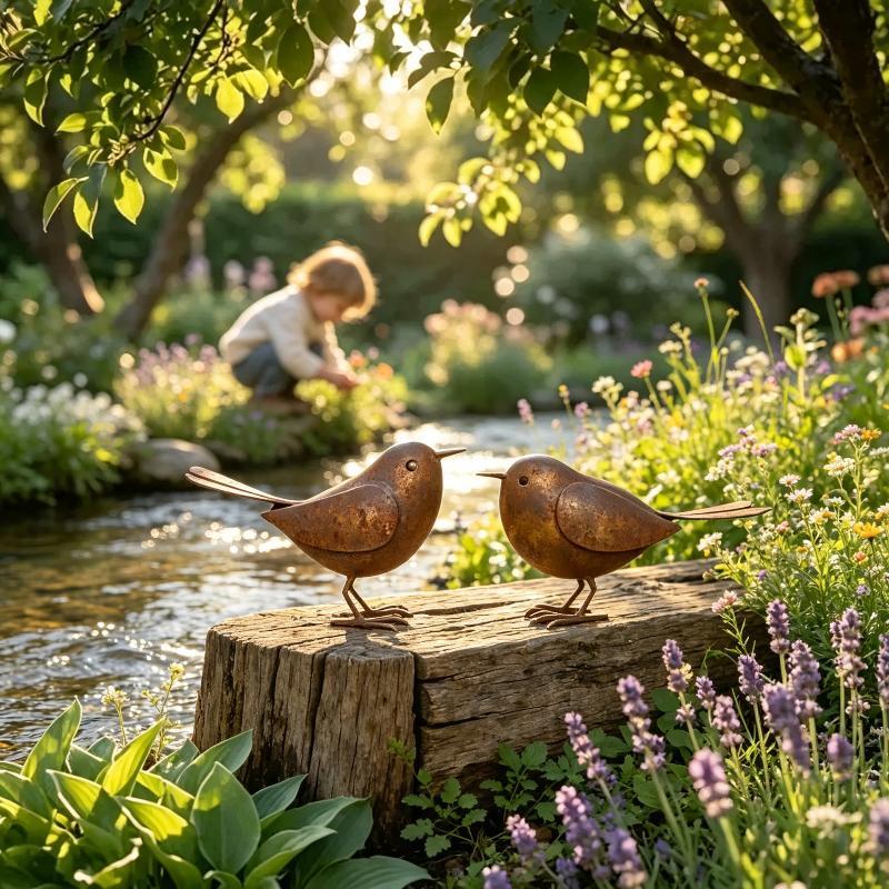2Pcs Rusty Metal Garden Bird Statues - Suitable For Flower Beds, Patios, Lawns, And Farmyard Decor