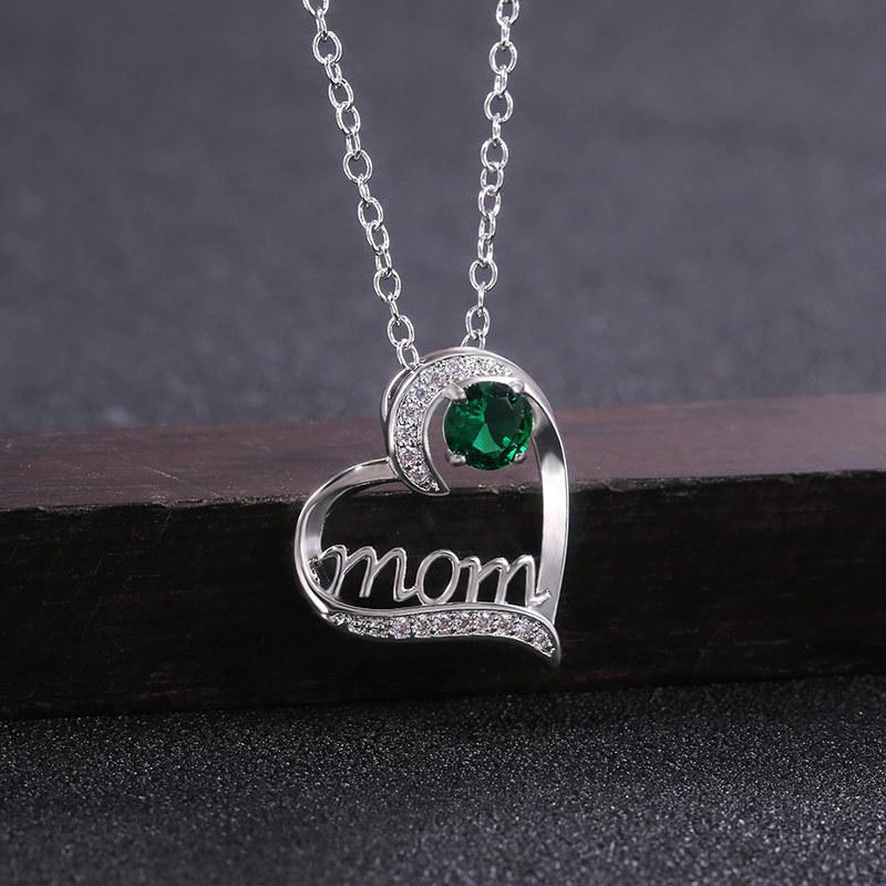 Silver Hollow Heart MOM Letter Pendant Necklace Round Big CZ Crystal Mom Gift Necklace for Mother's Day Women Jewelry