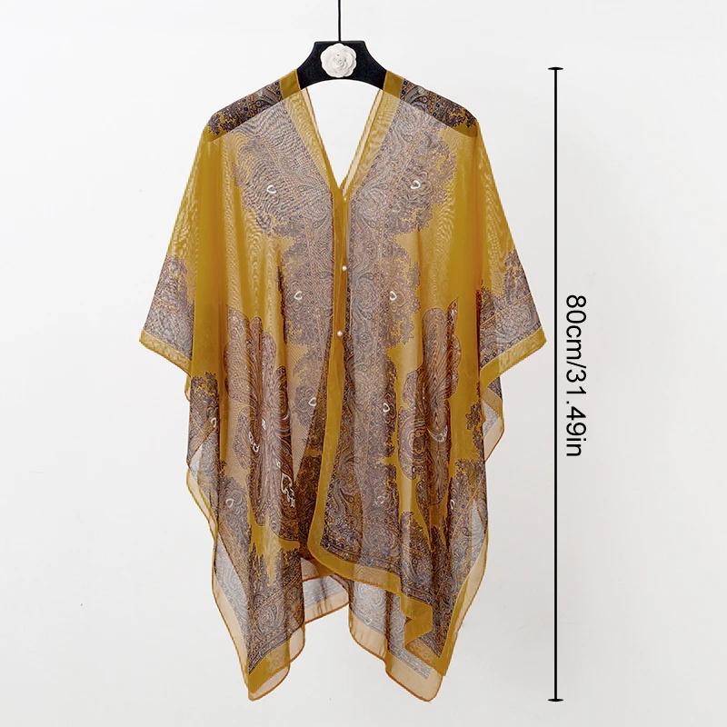 Beach Sun Protection Shawl Women Clothes Summer Beach Bikini Cover Up Loose Chiffon Blouse Shawl Scarf With Buttons