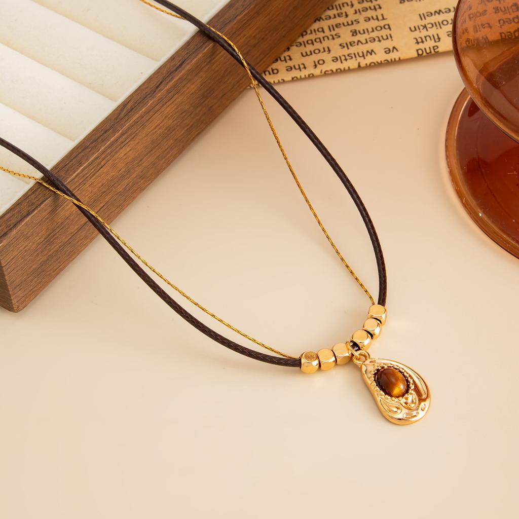 Maillard Style Tiger Eye Stone Pendant Y-shaped Thin Chain Sweater Necklace Women's Fashion Adjustable Rope Chain Daily Jewelry