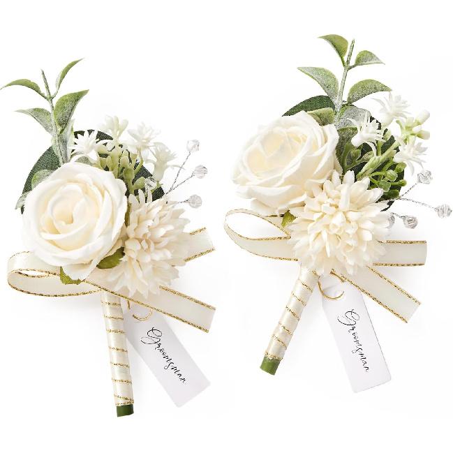 Serwalin 2 Pcs White Boutonniere for Men, Groom Groomsmen Best Man Guest Boutonnieres, Artificial Flowers Silk Rose for Wedding Prom Ceremony