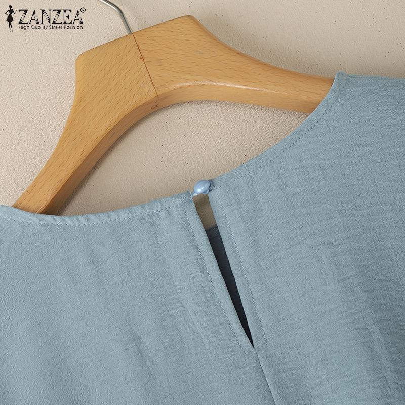 ZANZEA Women Casual Round Neck 3/4 Sleeve Solid Color Loose Blouse