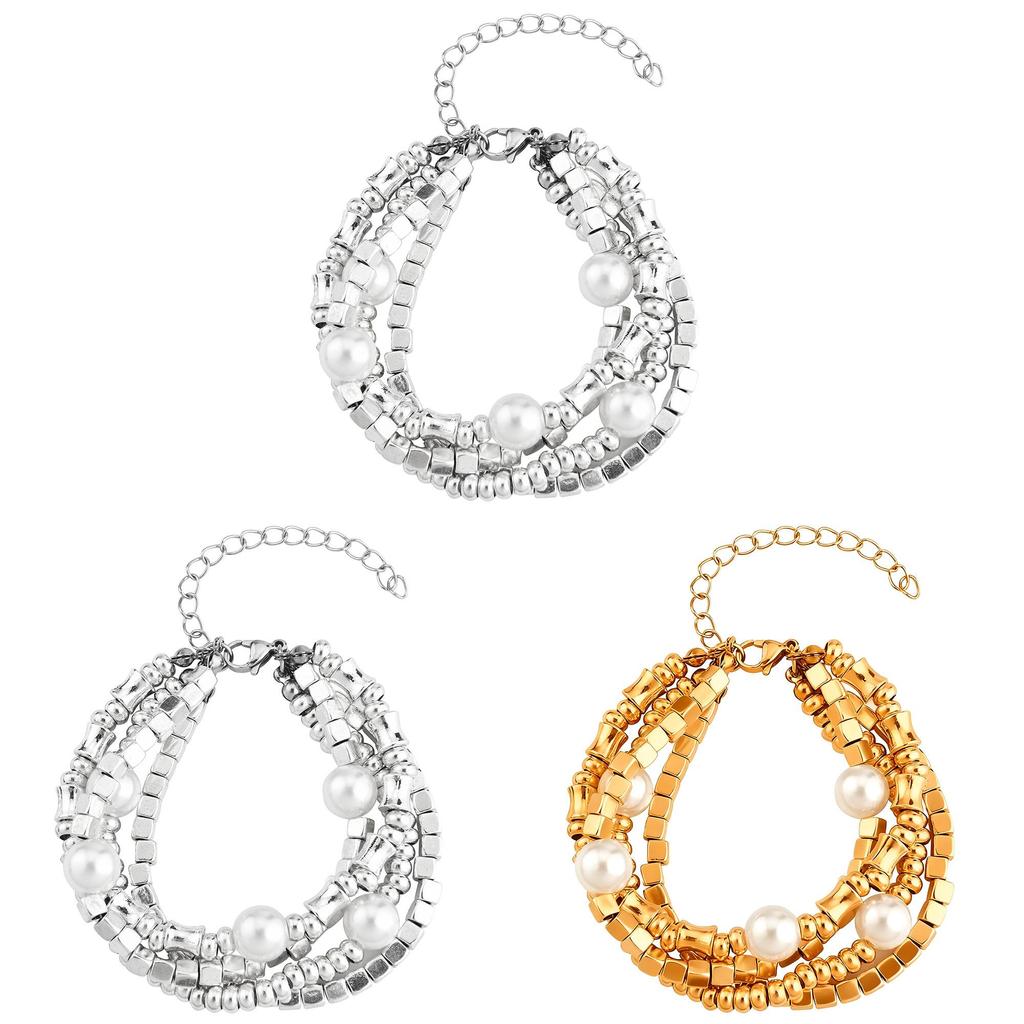 Geometric Pearl Layered Bracelet With V Gold For Women Gift For Winter
