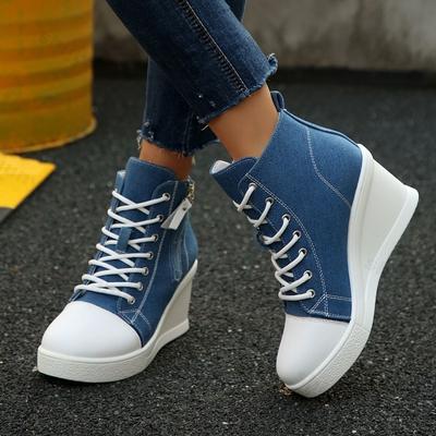 Pantofi de pânză casual de toamnă pentru femei, cu blocuri de culoare, cu toc pană înalt, cu vârf înalt, la modă, din denim, versatili, confortabili, cu toc gros, simpli