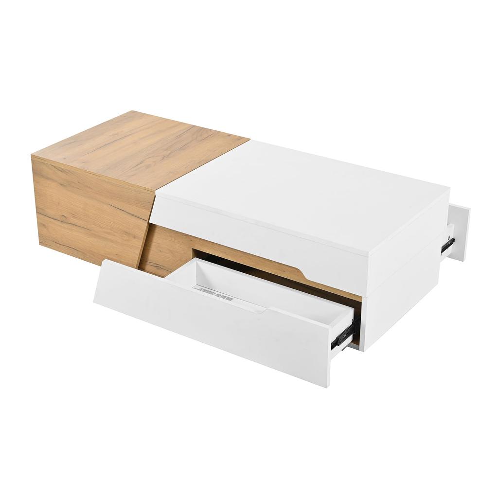 Ausziehbarer Couchtisch 120x50x37,5 cm, mit Schubladen, Beistelltisch mit Schiebemechanismus, für Wohnzimmer, Weiß+ Holzfarbe