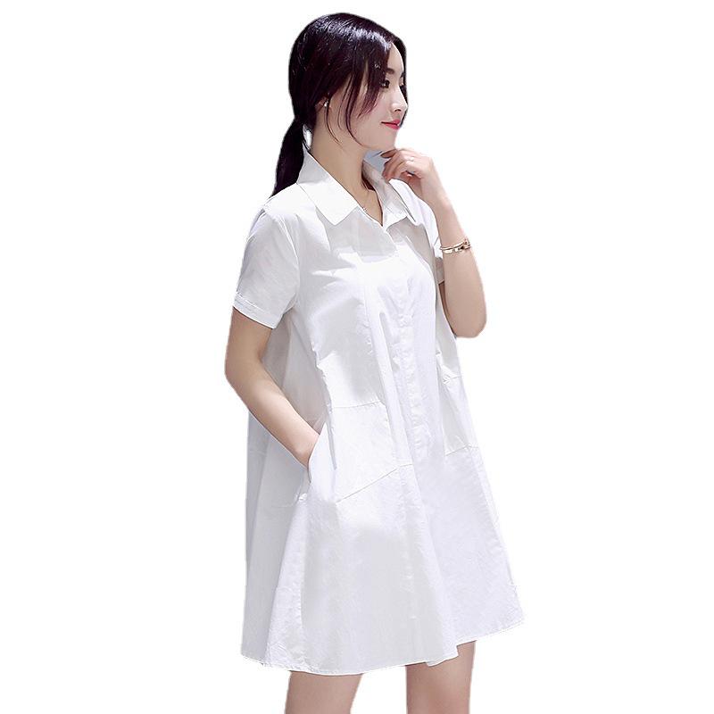Women's Summer Chiffon Shirt Dress - Short Sleeve, Mid-Length, Loose, Belly-Slimming, Korean Style