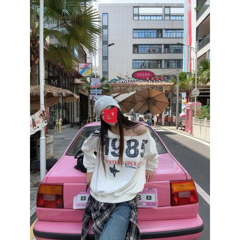 

[Pure Cotton and Composite Cotton 330g + Silver Fox Fleece 420g] American Style Spicy Girl One-Shoulder Letter Sweatshirt for Women White, Lightweight L