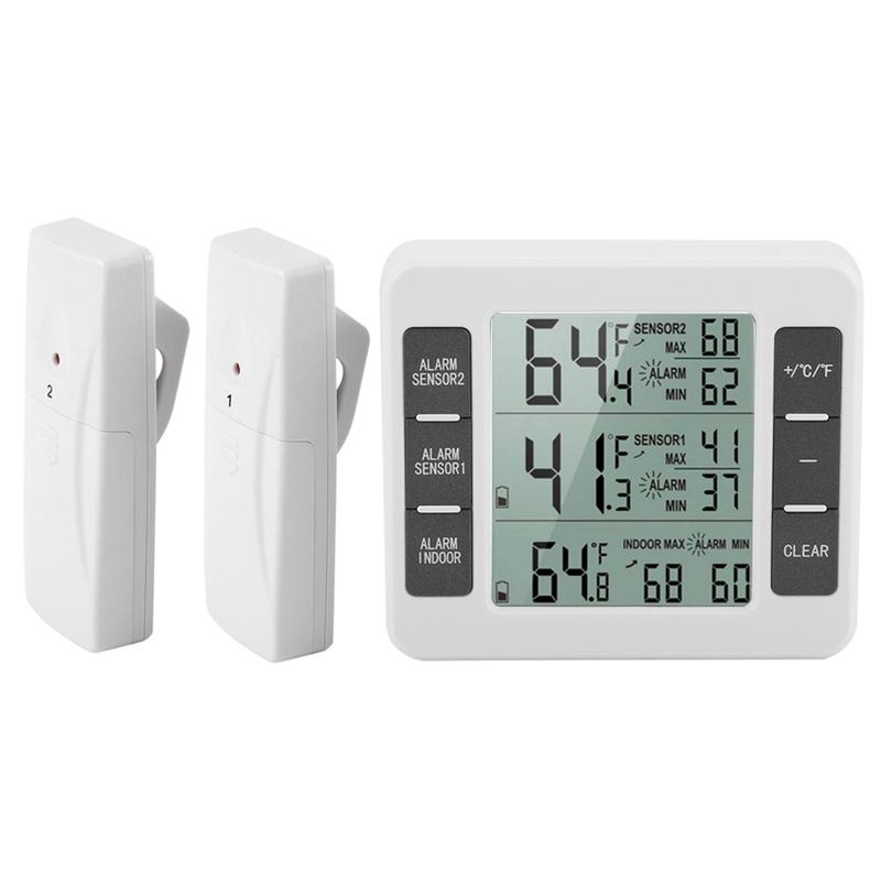 Wireless Digital Audible Alarm Refrigerator Thermometer with 2PCS Sensor Min/Maximum Display Wireless Therometer