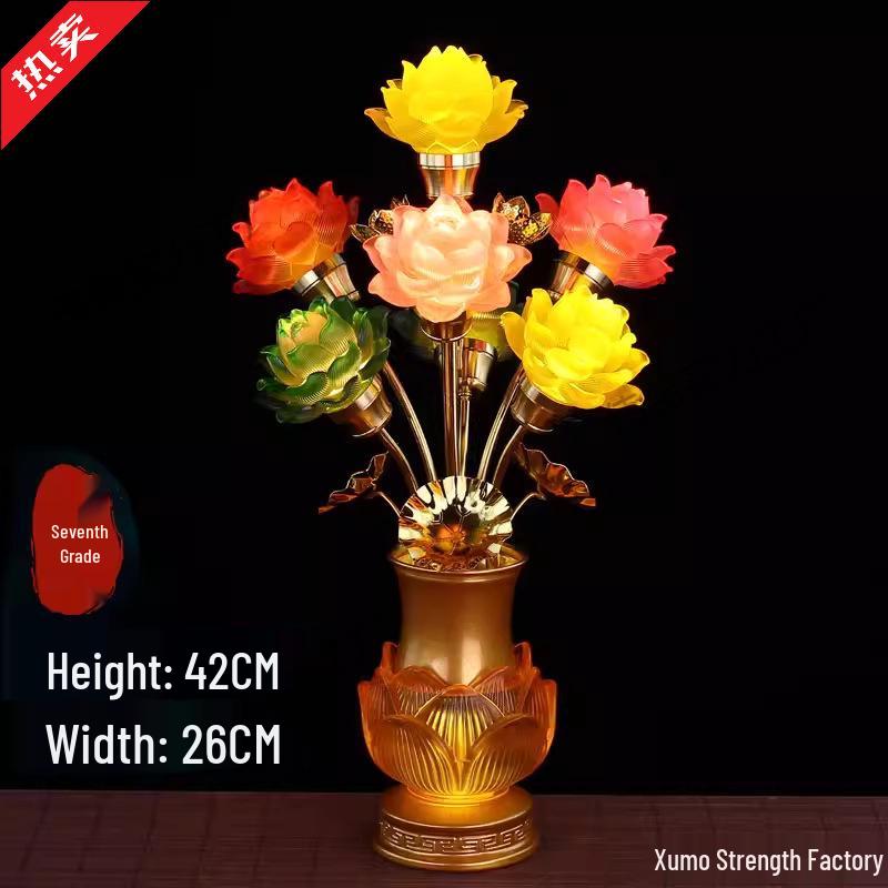 Seven-Color Lotus Lamp for Buddha Offering: Ever-Burning Guanyin Home Decor – Nine Horse Year Edition