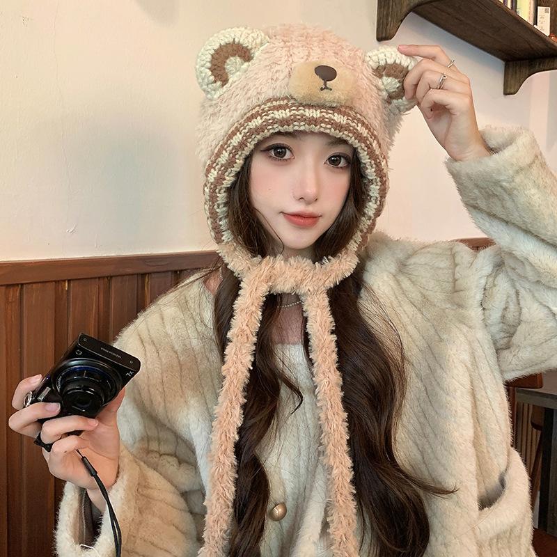 Cartoon Cute Bear Knitted Woolen Hat Thickened and Warm for Autumn and Winter  Lei Feng Hat Japanese Style Plush Pullover Cold Hat