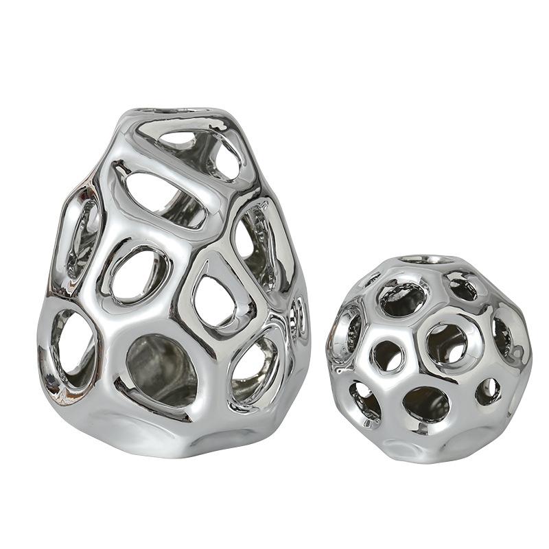 Electroplated Gold Ball Ornament Hollow Ceramic Vase Living Room Office Bookcase Ball Ornament Abstract Flower Arrangement Gifts