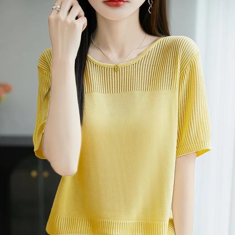 Women's Crew Neck Short Sleeve Hollow Out Knit Top