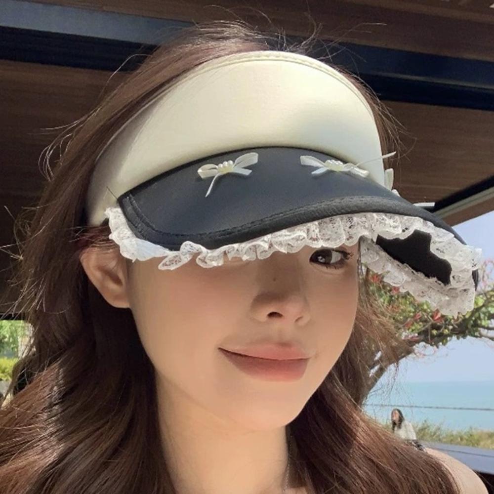Bowknot Lady's Sun Hat Lace Brim Sun Protection Hat Cartoon Empty Top Cap  Girls