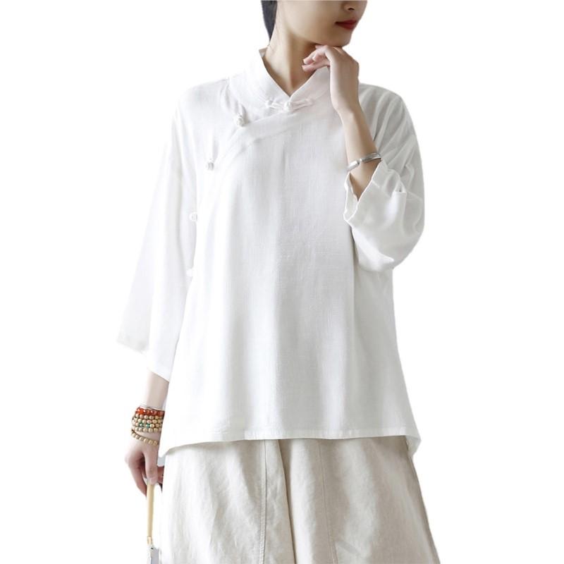 Johnature Spring Summer Women Vintage Collar Seven Point Sleeves Shirt Solid Color Shirt