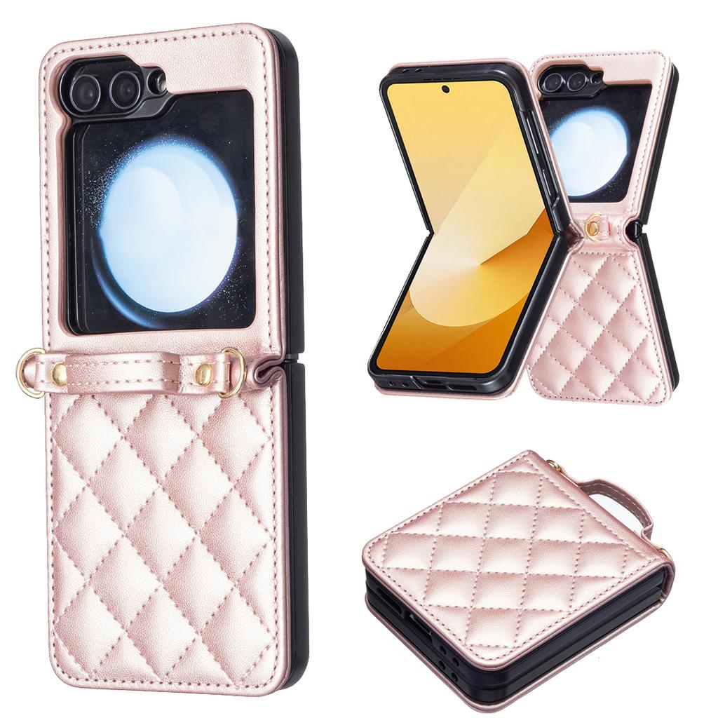 Für Samsung Galaxy Z Flip6 5G/Z Flip5 5G Leder Rückseite Hülle Rauten Handyhülle mit Schultergurt