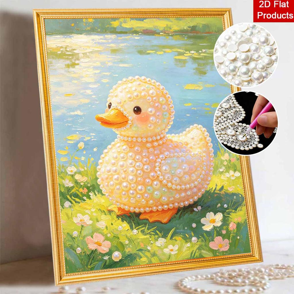 DIY Framed Pearl Painting Kit Cute Duckling Pattern Sparkling Bead Canvas Art for Living Room Decoration Wall Hanging Craft Gift Decor Set