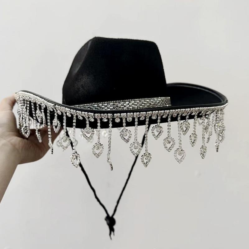 Glänzender Sommer-Cowgirl-Hut mit Herz-Strass-Fransen für Hochzeiten