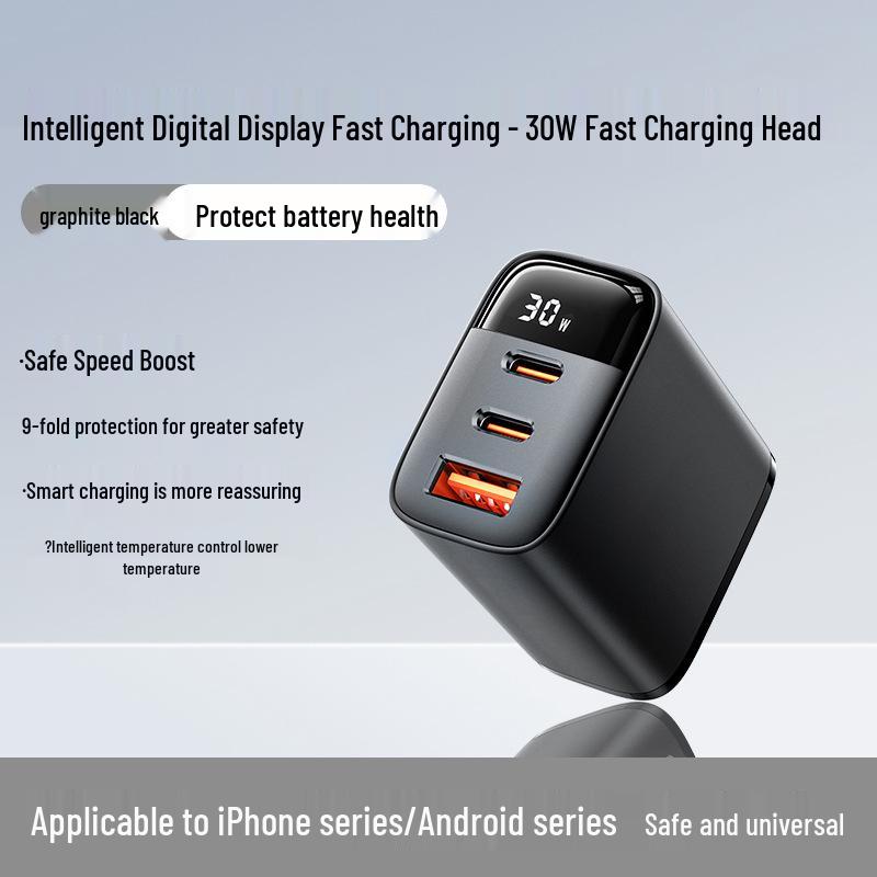 30W Triple-Port Fast Charger with Digital Display for Apple 15 Pro - Dual USB-C and USB Ports