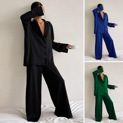 2 Pcs/Set Women Shirt Pants Set Homewear Suit Loose Lapel Long Sleeve Loose Solid Color Single-breasted Wide Leg Straight Soft