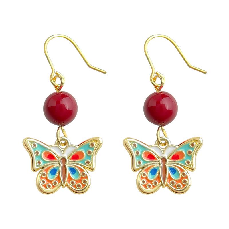 14K Gold Plated Enamel Butterfly Drop Earrings Colorful Double sided Enamel Red Bead Dangle Earrings Vintage Ethnic Jewelry for Women