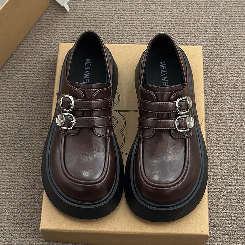 Black British high-heeled platform small leather shoes women's 2025 new summer French versatile retro heightening loafers