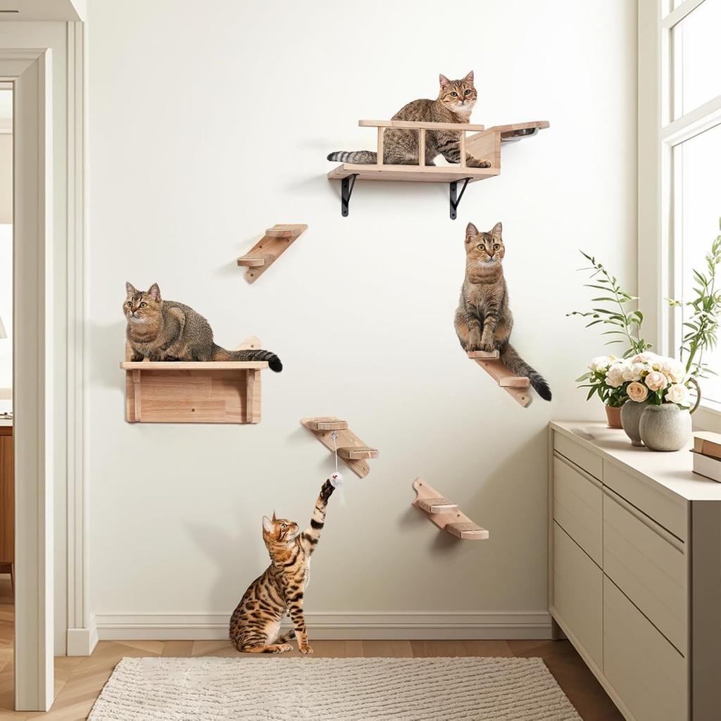 Wall-Mounted Cat House and Bowl Warm, Solid Wood Design with a Floating Structure—Space-Saving and Just for Your Cat