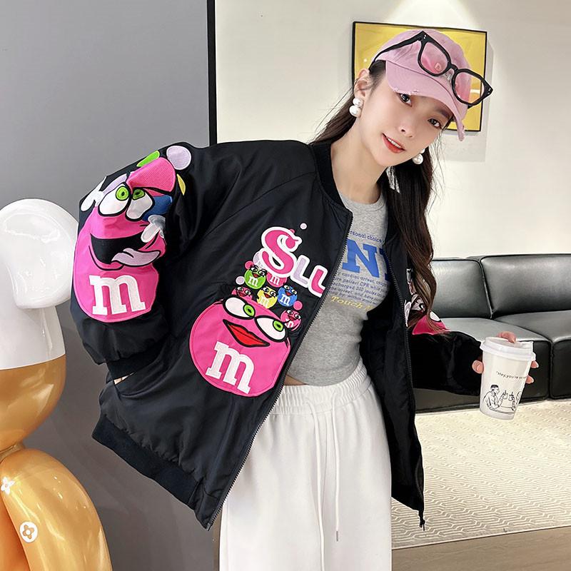 Unisex Cartoon Embroidered Baseball Jacket - Trendy Hip-Hop Style for Spring and Autumn