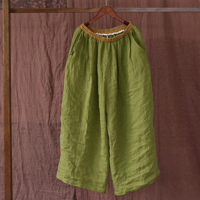 

Johnature женские льняные винтажные широкие брюки с эластичной резинкой на талии, однотонные брюки, весенние свободные женские длинные брюки с карманами One Size светло-зеленый